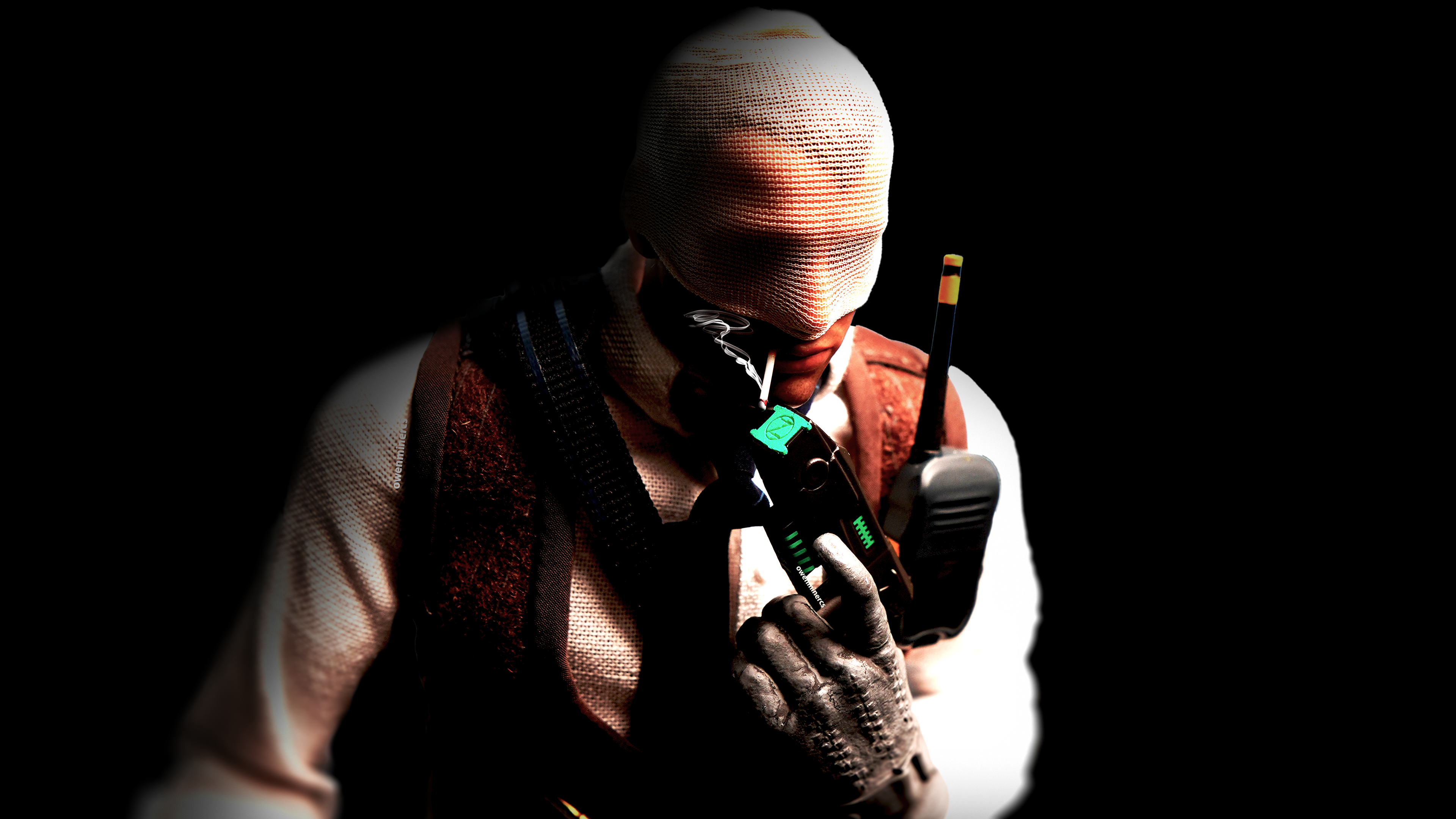 Agent number K figurine using a zues traser to light cigarette black background